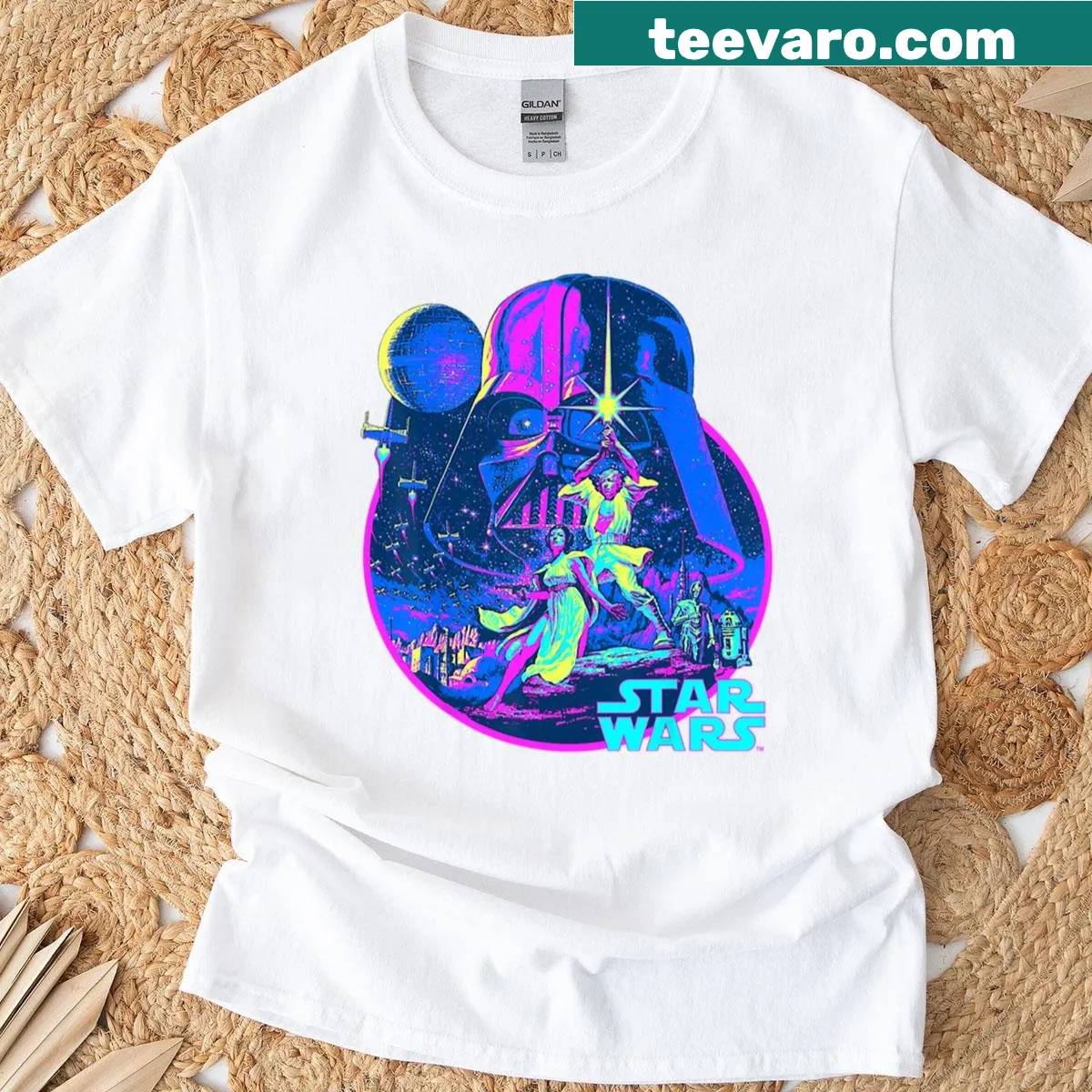 Star Wars themed t-shirt with bright neon poster art — on a men's t-shirt