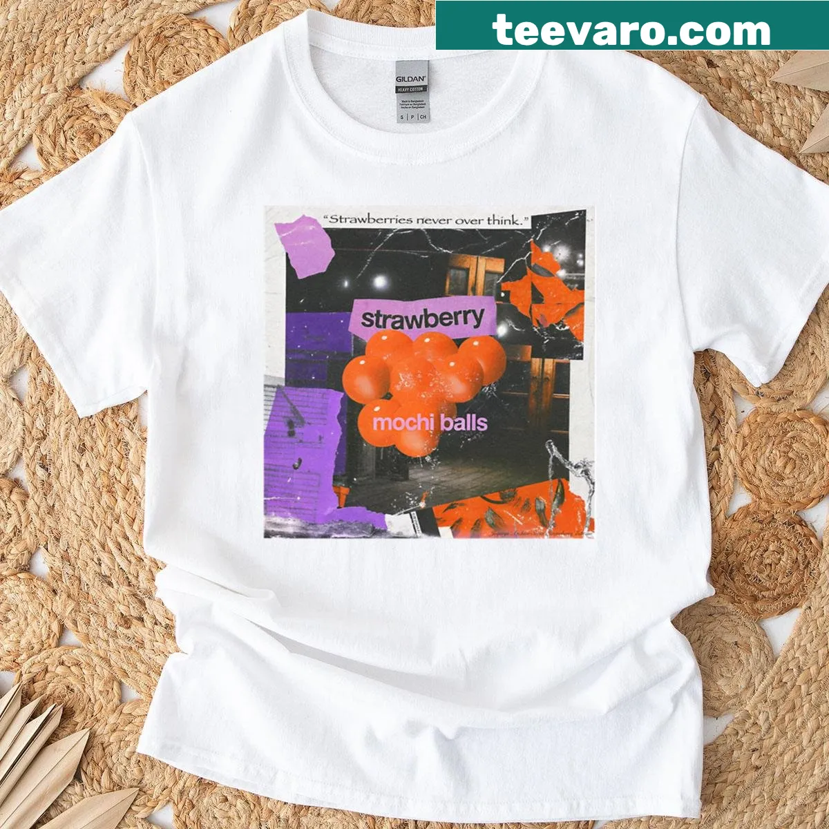 Funny shirt with strawberry mochi balls and a carefree message — on a men's t-shirt