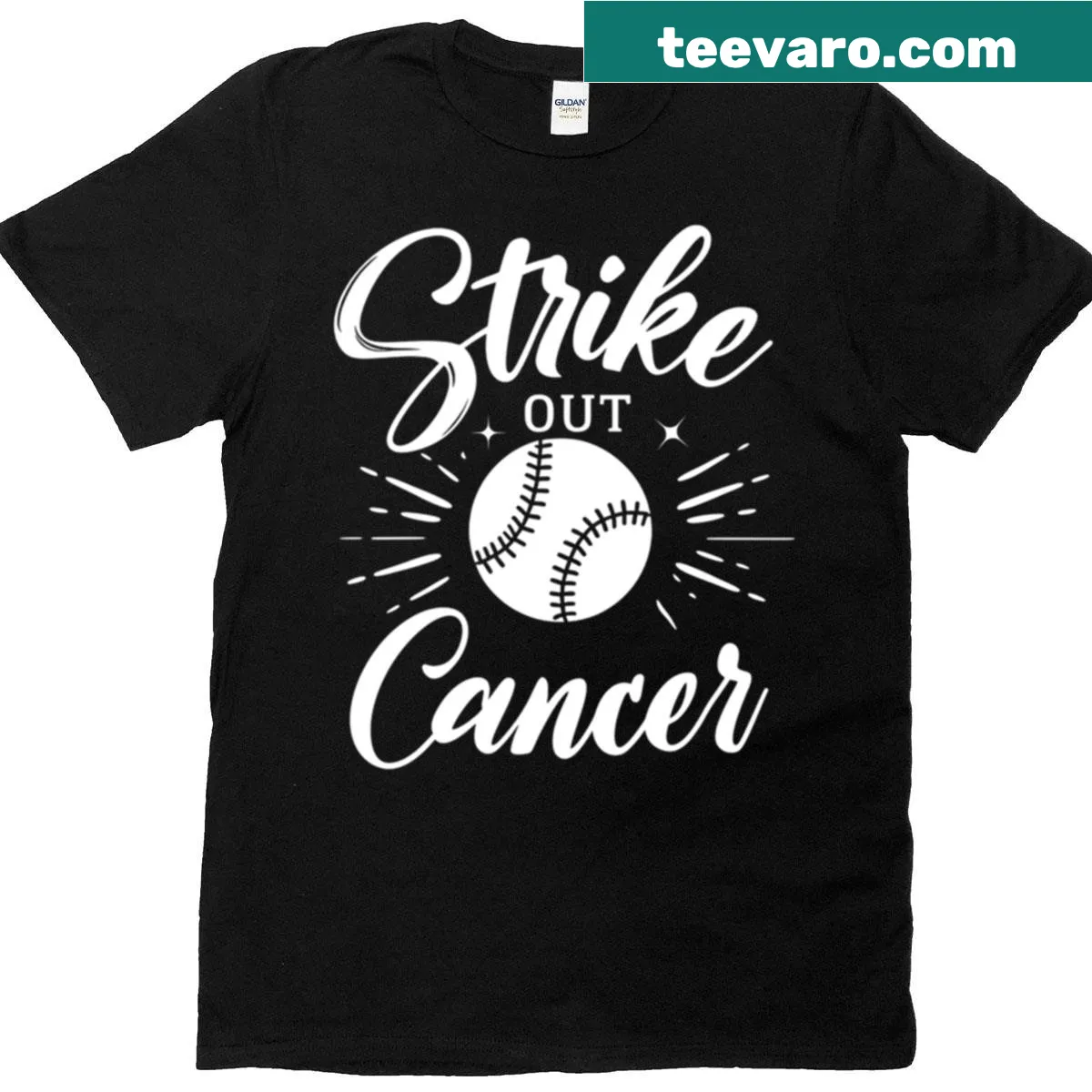 Baseball awareness t-shirt with 'Strike Out Cancer' message — on a men's t-shirt