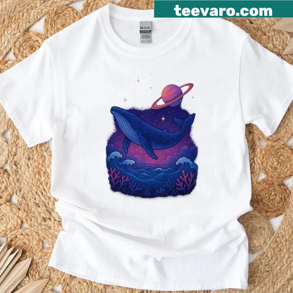 Cosmic ocean T-shirt featuring whales against a galaxy backdrop