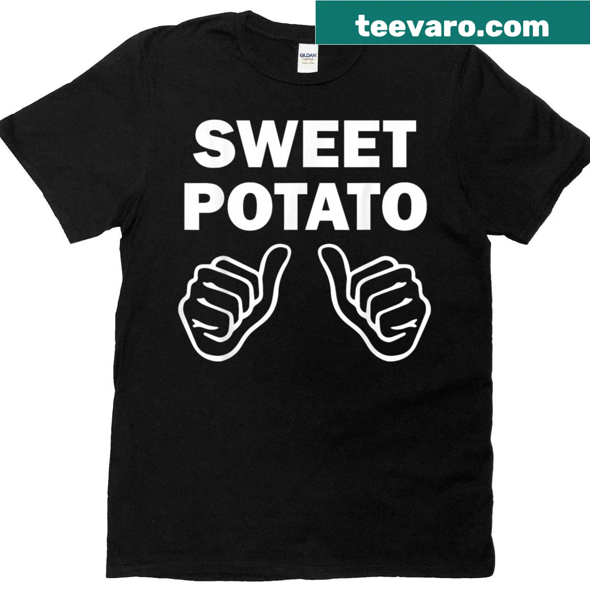 Cartoon grouchy potato graphic on sweet potato themed t-shirt — on a men's t-shirt