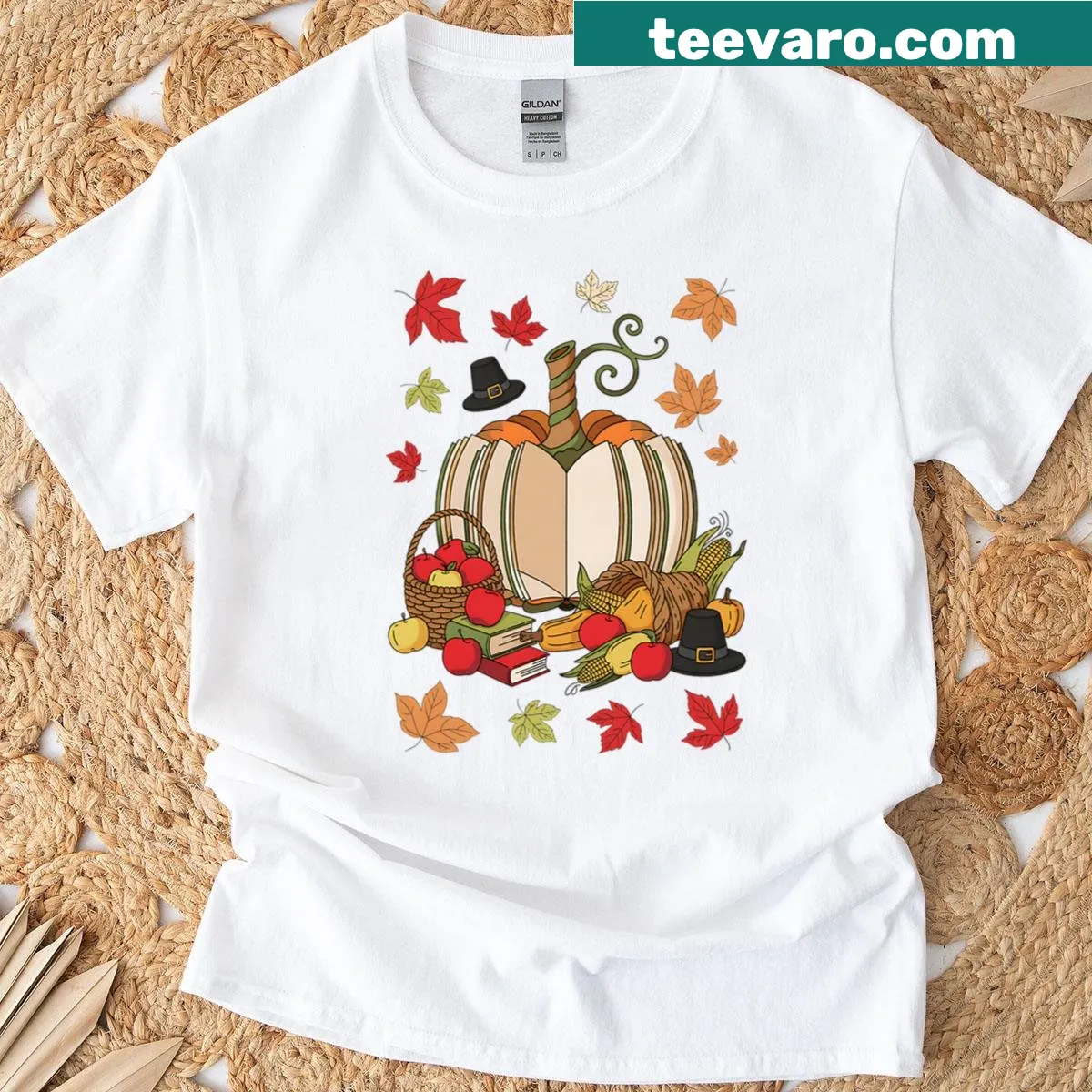 Thanksgiving-themed T-shirt for teachers featuring books and pumpkins — on a men's t-shirt