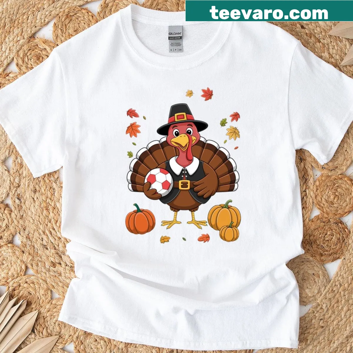 Thanksgiving turkey soccer player T-shirt with autumn illustrations — on a men's t-shirt