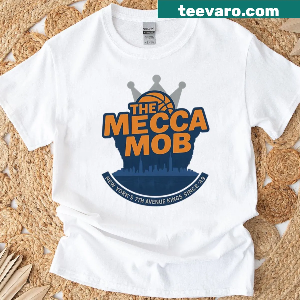 Stylish t-shirt featuring NYC basketball streetwear art print — on a men's t-shirt