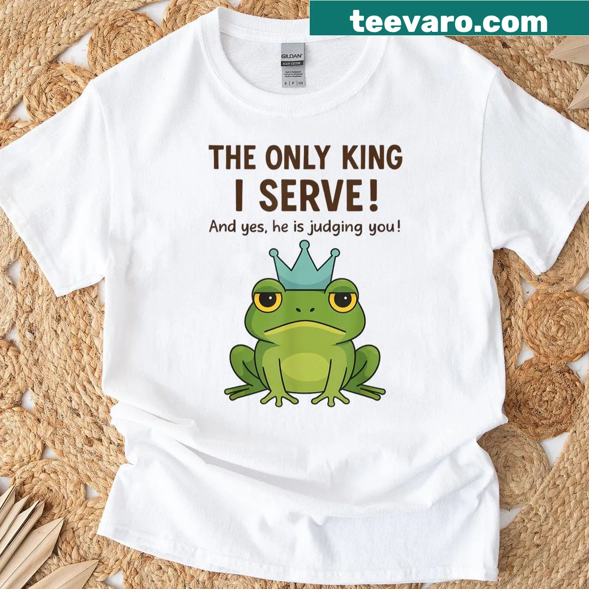 Meme t-shirt with a frog graphic and humorous text about kings. — on a men's t-shirt