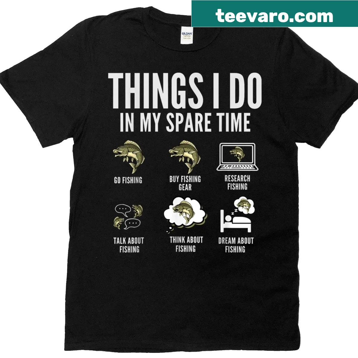 T-shirt listing activities with a focus on fishing for men — on a men's t-shirt