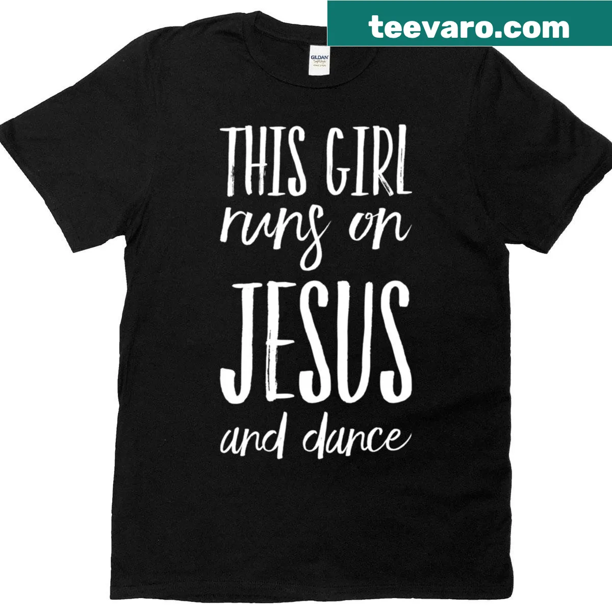 T-shirt with the phrase 'This Girl Runs On Jesus And Dance' in a cute design — on a men's t-shirt