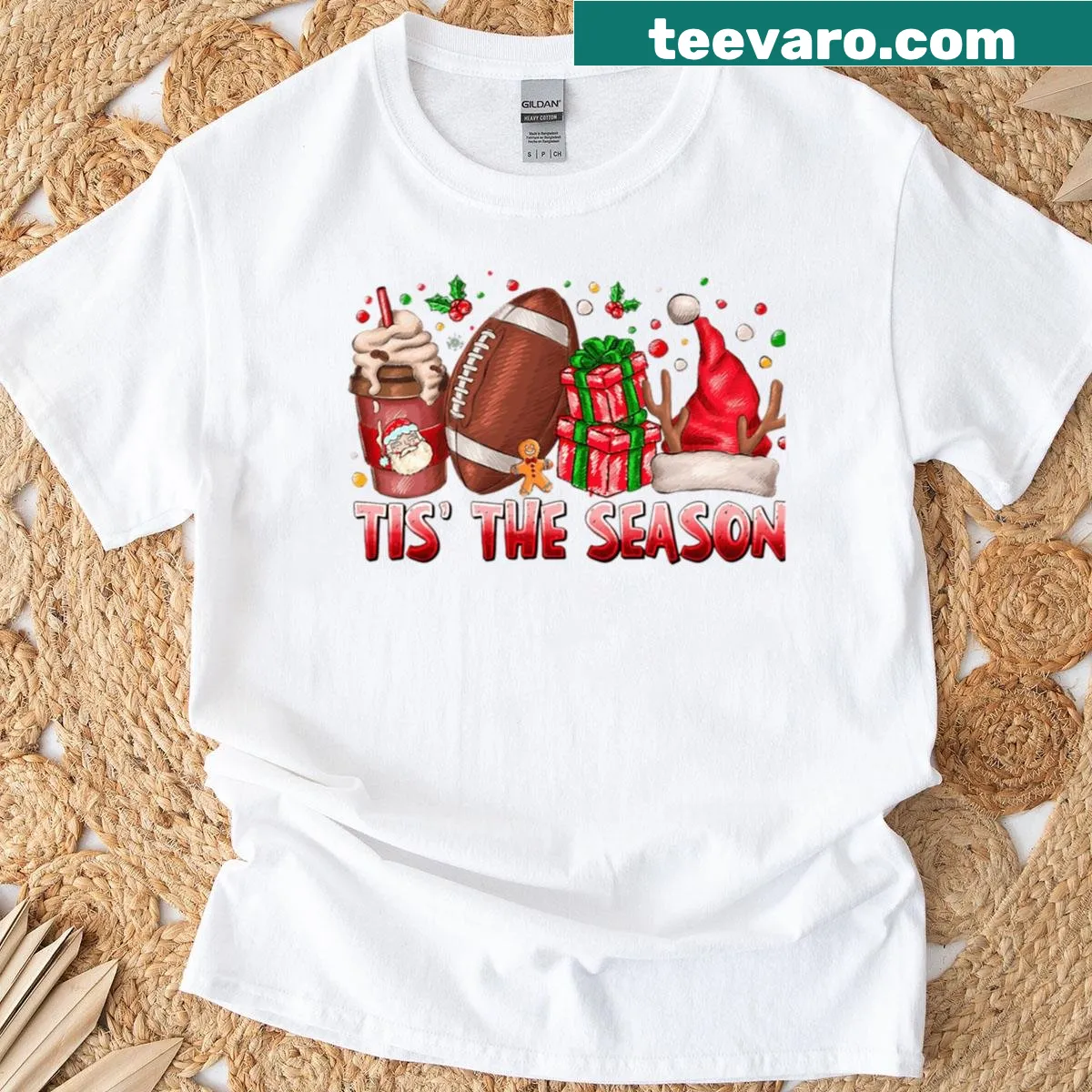 T-shirt with a gingerbread football holiday design — on a men's t-shirt
