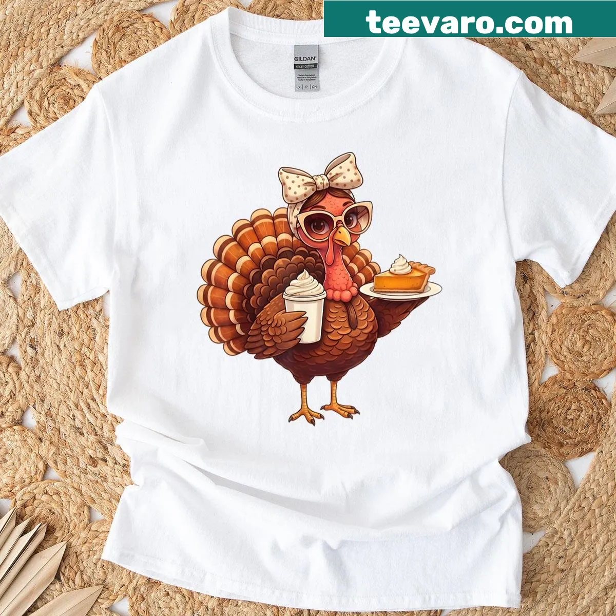 Cute turkey drinking coffee Thanksgiving t-shirt design — on a men's t-shirt