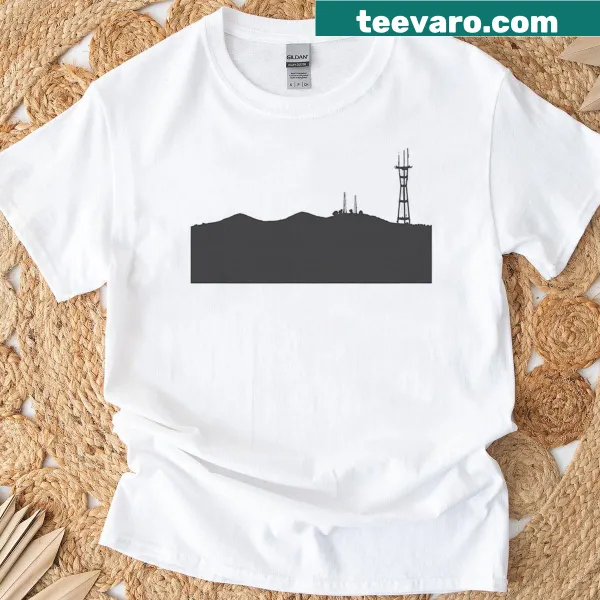 Silhouette design of Twin Peaks and Sutro Tower on a t-shirt
