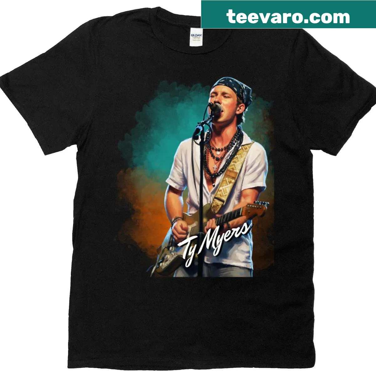 Artistic painted effect and sticker design on a t-shirt — on a men's t-shirt