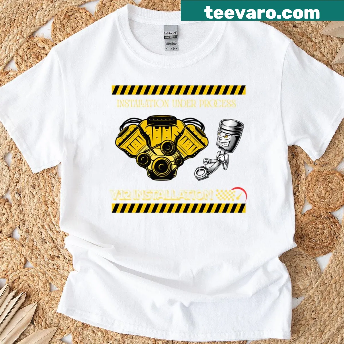 Bold V12 Installation Under Process graphic T-shirt — on a men's t-shirt