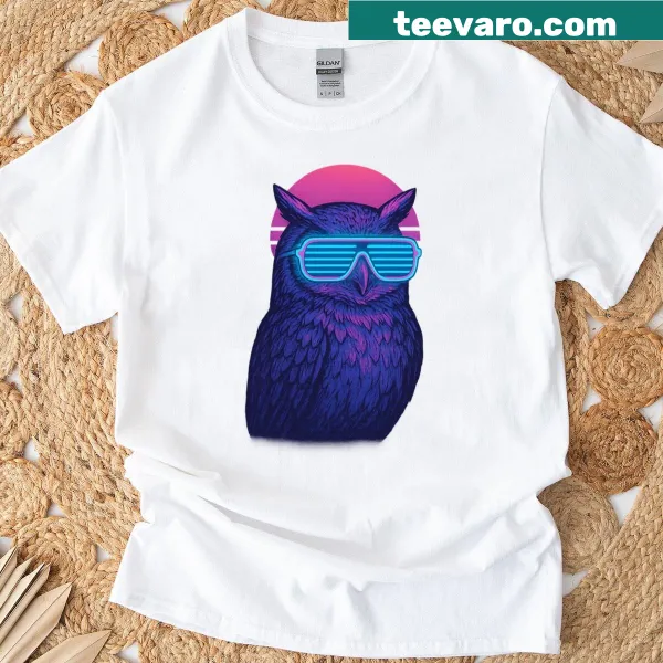 Vaporwave owl graphic wearing neon glasses on a t-shirt