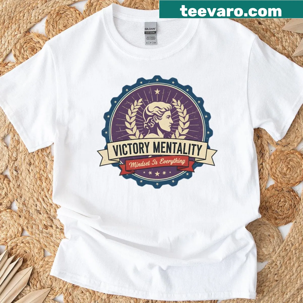 Inspirational tee with 'Victory Mentality: Mindset Is Everything' text — on a men's t-shirt