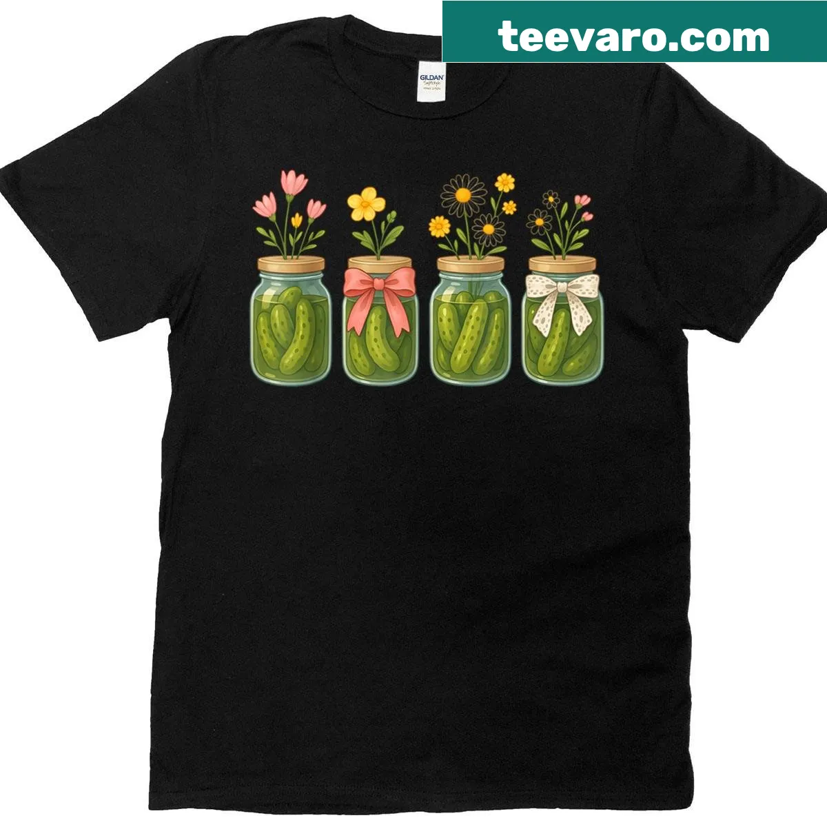 Vintage T-shirt showcasing canned wildflower pickles with a bow detail. — on a men's t-shirt