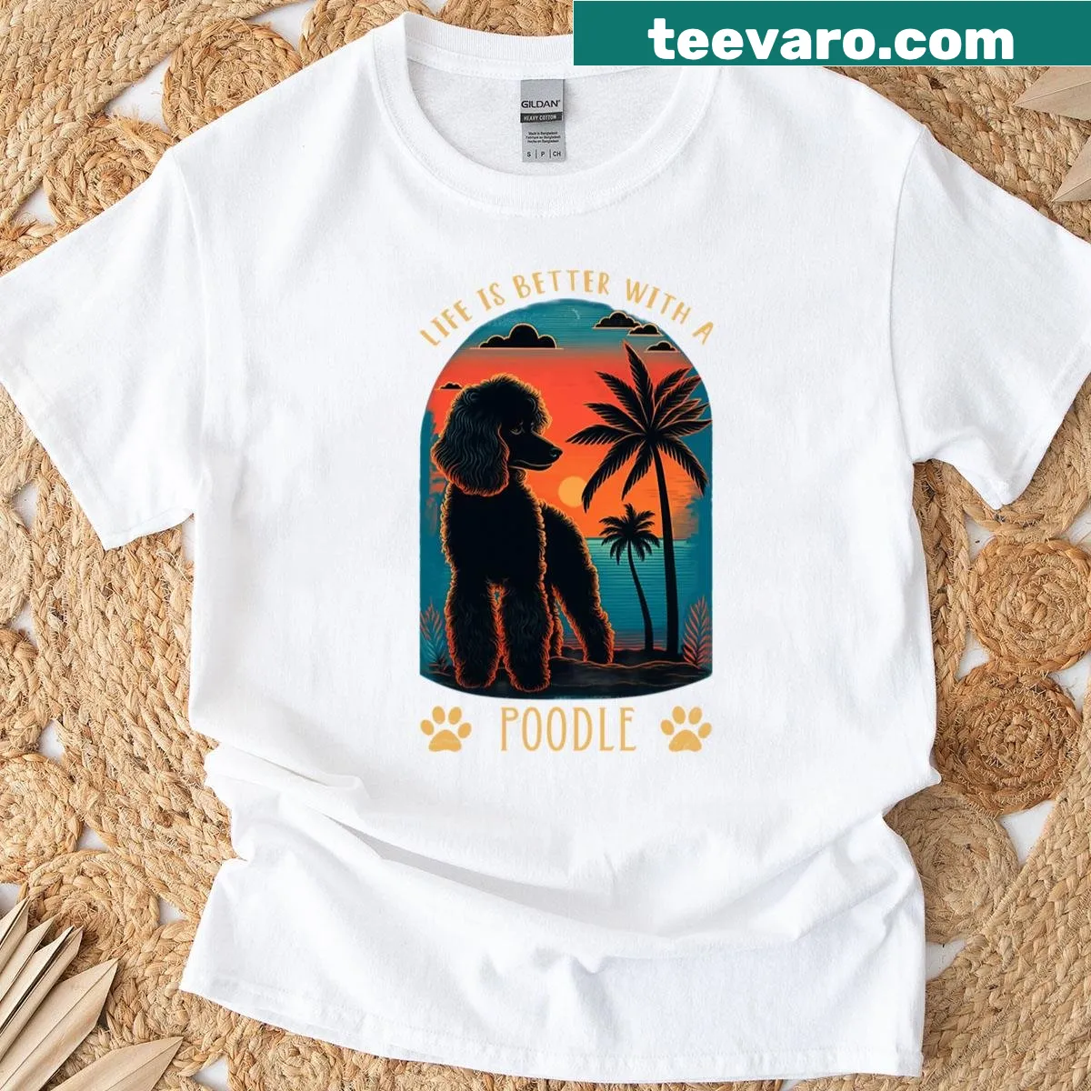 Vintage poodle beach scene graphic on a t-shirt — on a men's t-shirt