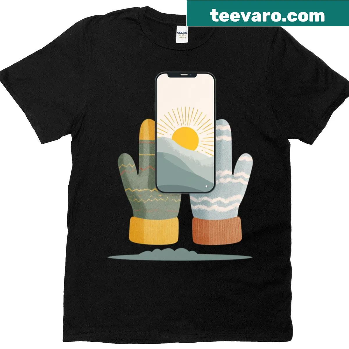 Illustration of warm gloves symbolizing coziness — on a men's t-shirt