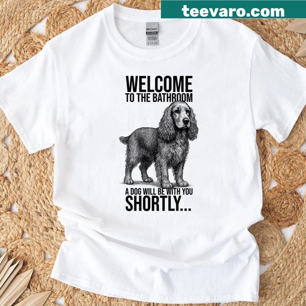 Funny dog-themed graphic with Cocker Spaniel on a t-shirt — on a men's t-shirt