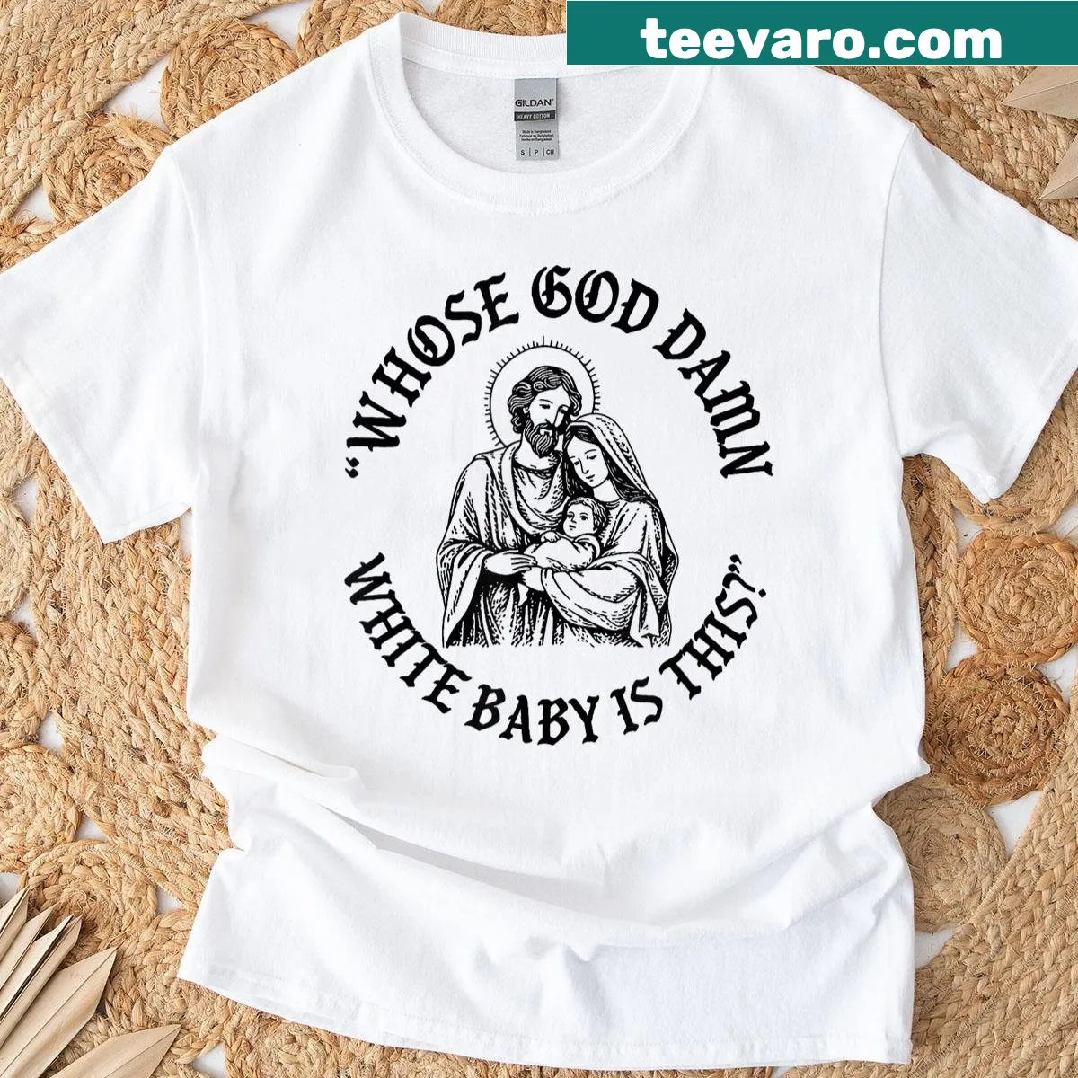 Parody nativity T-shirt with humorous text — on a men's t-shirt