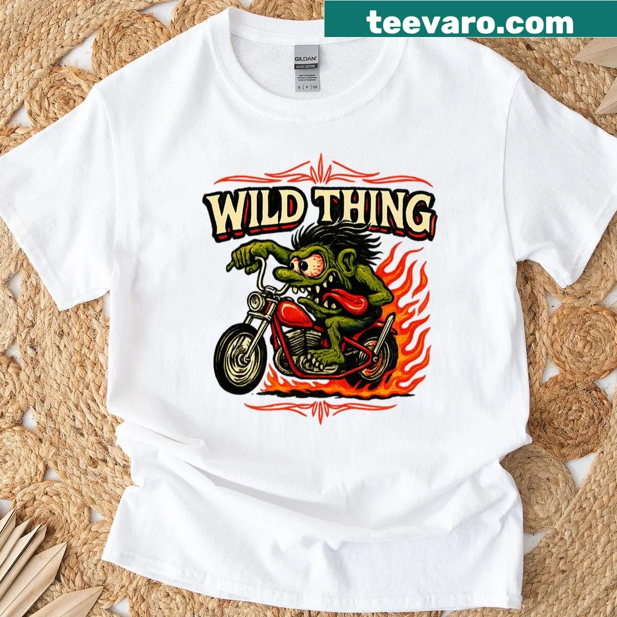 Fire-breathing greaser biker illustration on a T-shirt — on a men's t-shirt