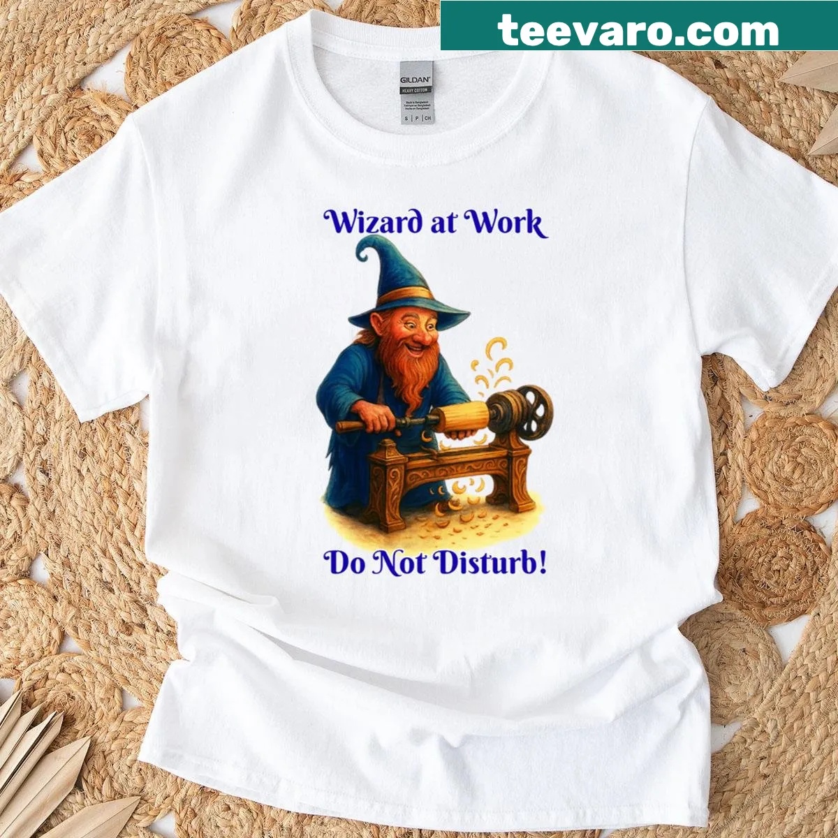 T-shirt with 'Wizard At Work. Do Not Disturb.' text for humor lovers. — on a men's t-shirt