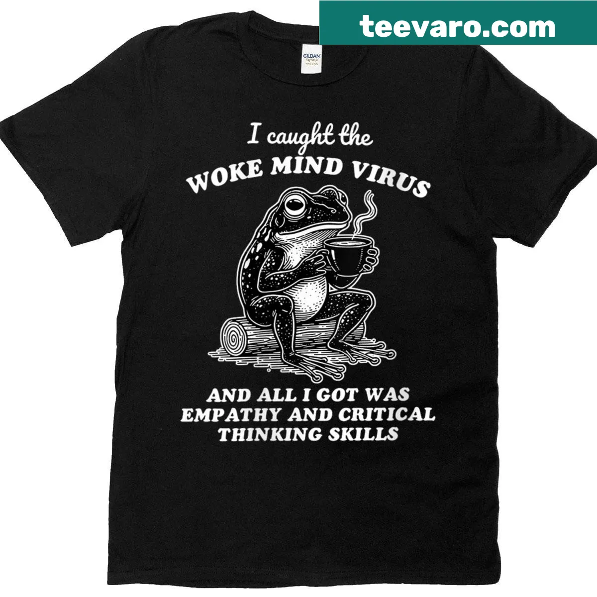 Humorous t-shirt with 'Awakened Thinking Virus Frog' text and graphic — on a men's t-shirt