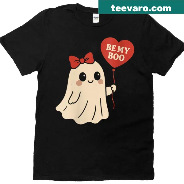 Cute ghost with heart balloon graphic on a women’s Halloween Valentine T-shirt