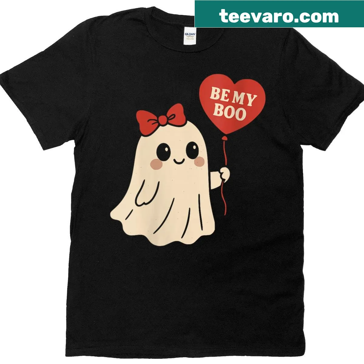Cute ghost with heart balloon graphic on a women’s Halloween Valentine T-shirt — on a men's t-shirt