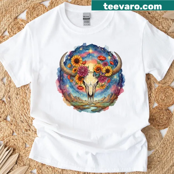 Boho cow skull graphic on women's t-shirt