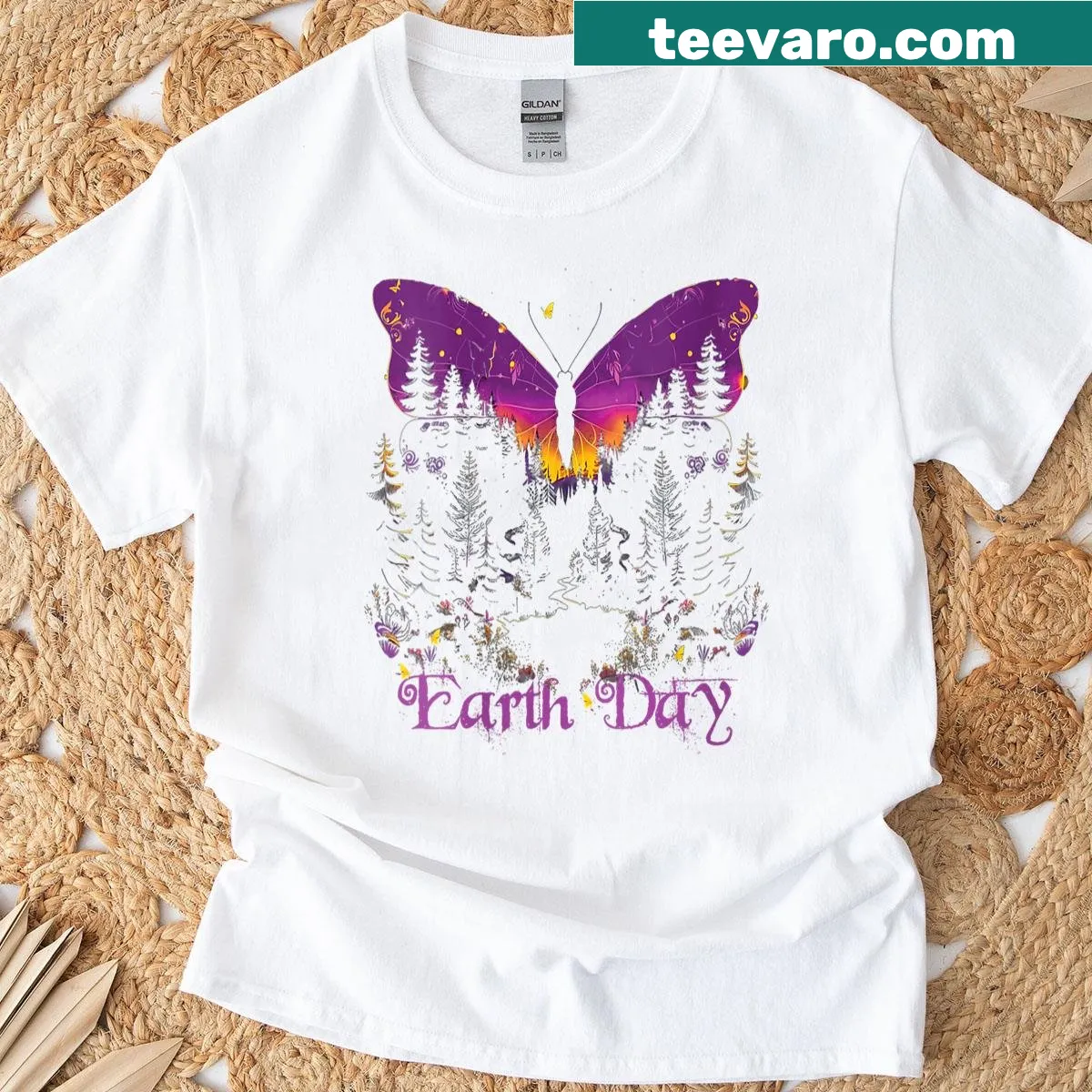 T-shirt featuring butterflies among trees and nature — on a men's t-shirt