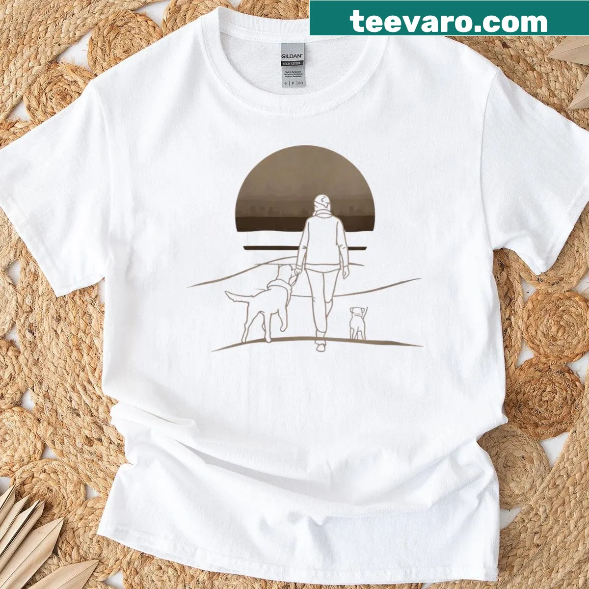 Charming dog walking t-shirt for women with sunset illustration — on a men's t-shirt