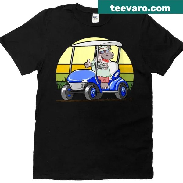 Retro-style t-shirt featuring a friendly hippo golf cart driver design