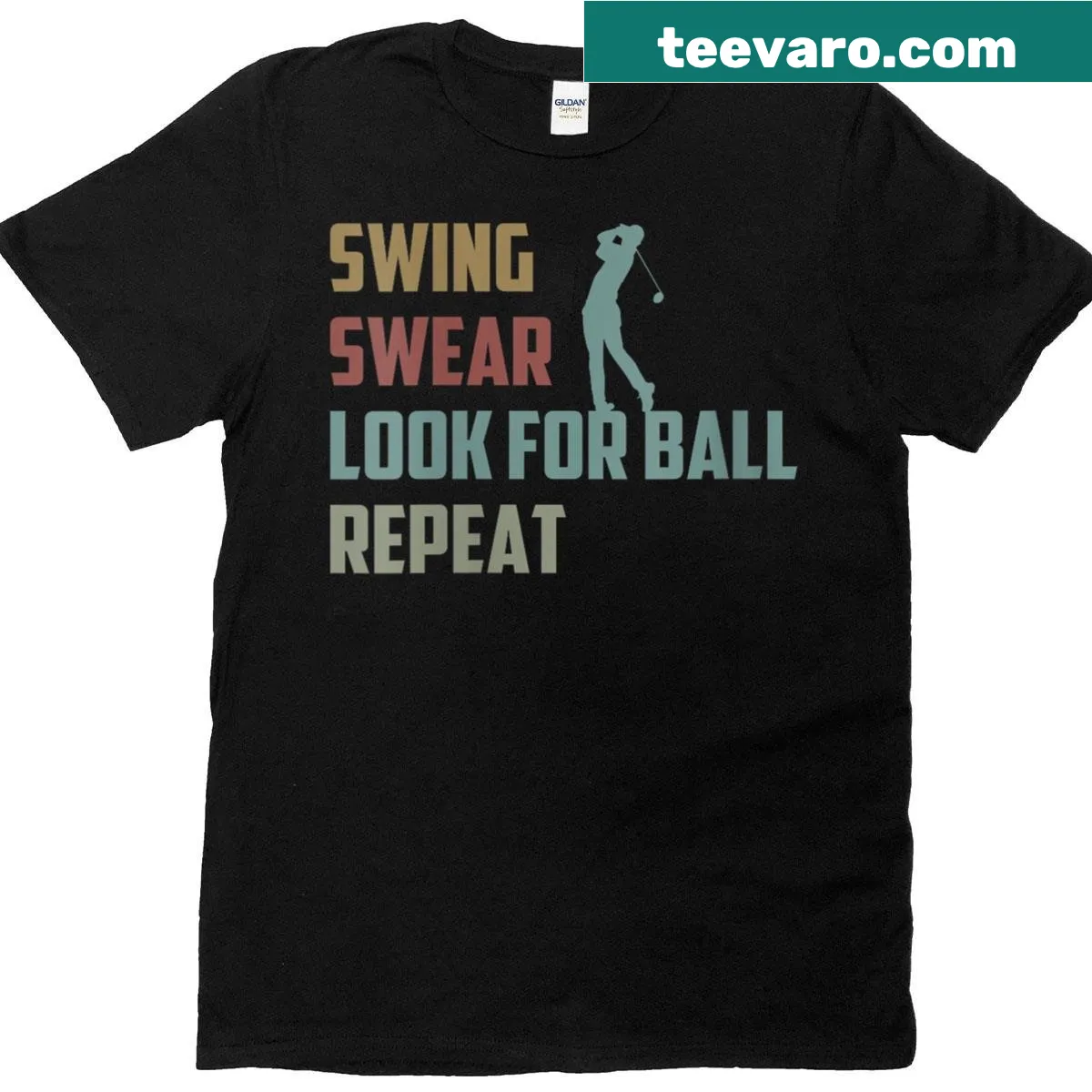 Illustration of a woman golfer looking for a ball repeatedly. — on a men's t-shirt