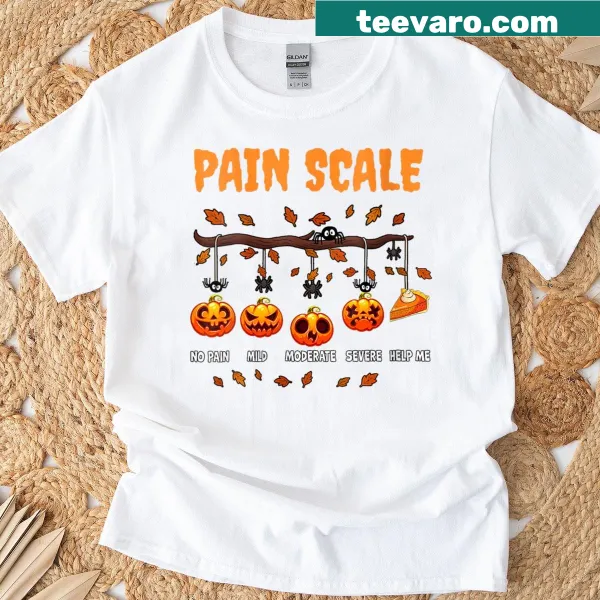 Humorous Halloween Pain Scale t-shirt with pumpkin design