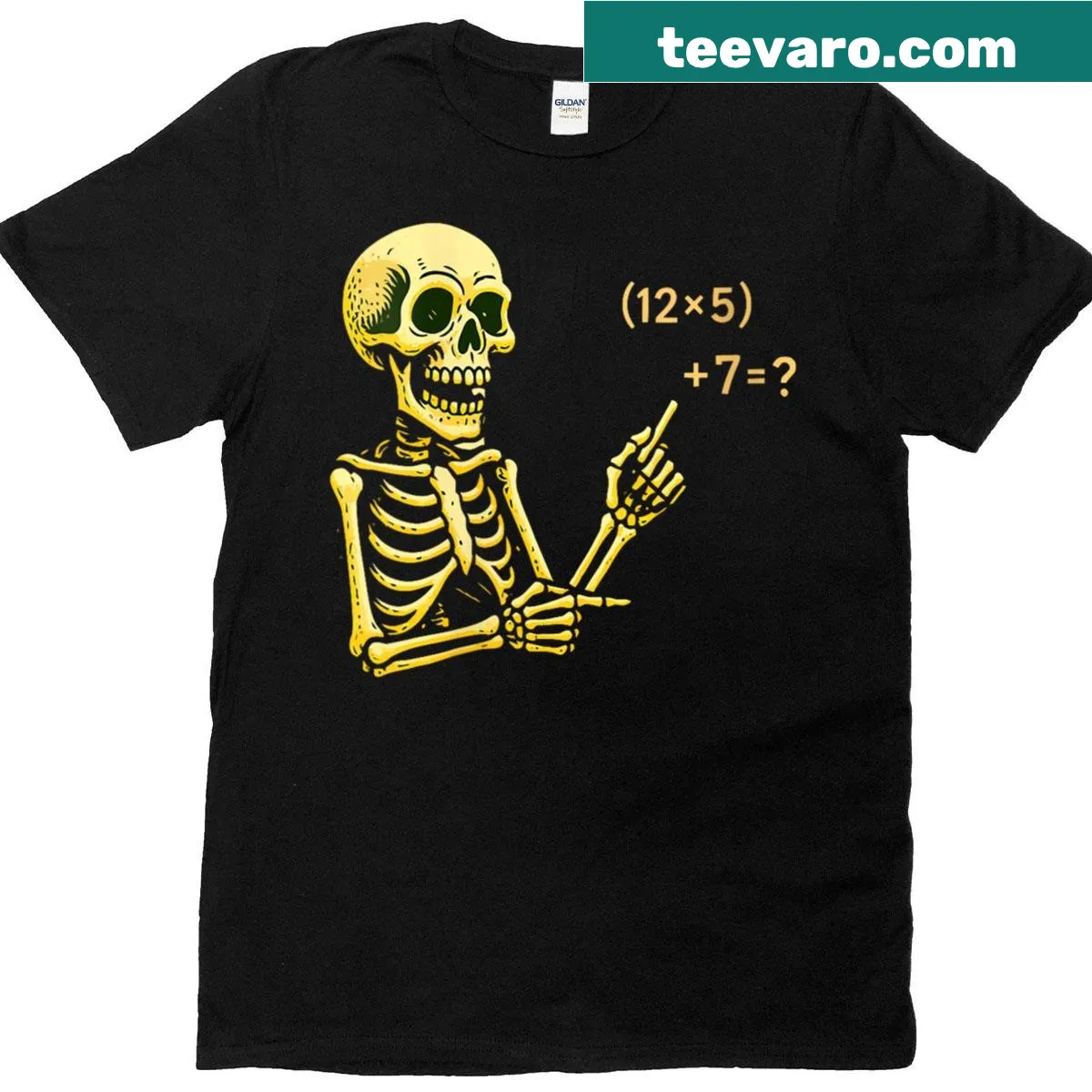 Halloween teacher shirt with 'Skeleton 6 7' text — on a men's t-shirt