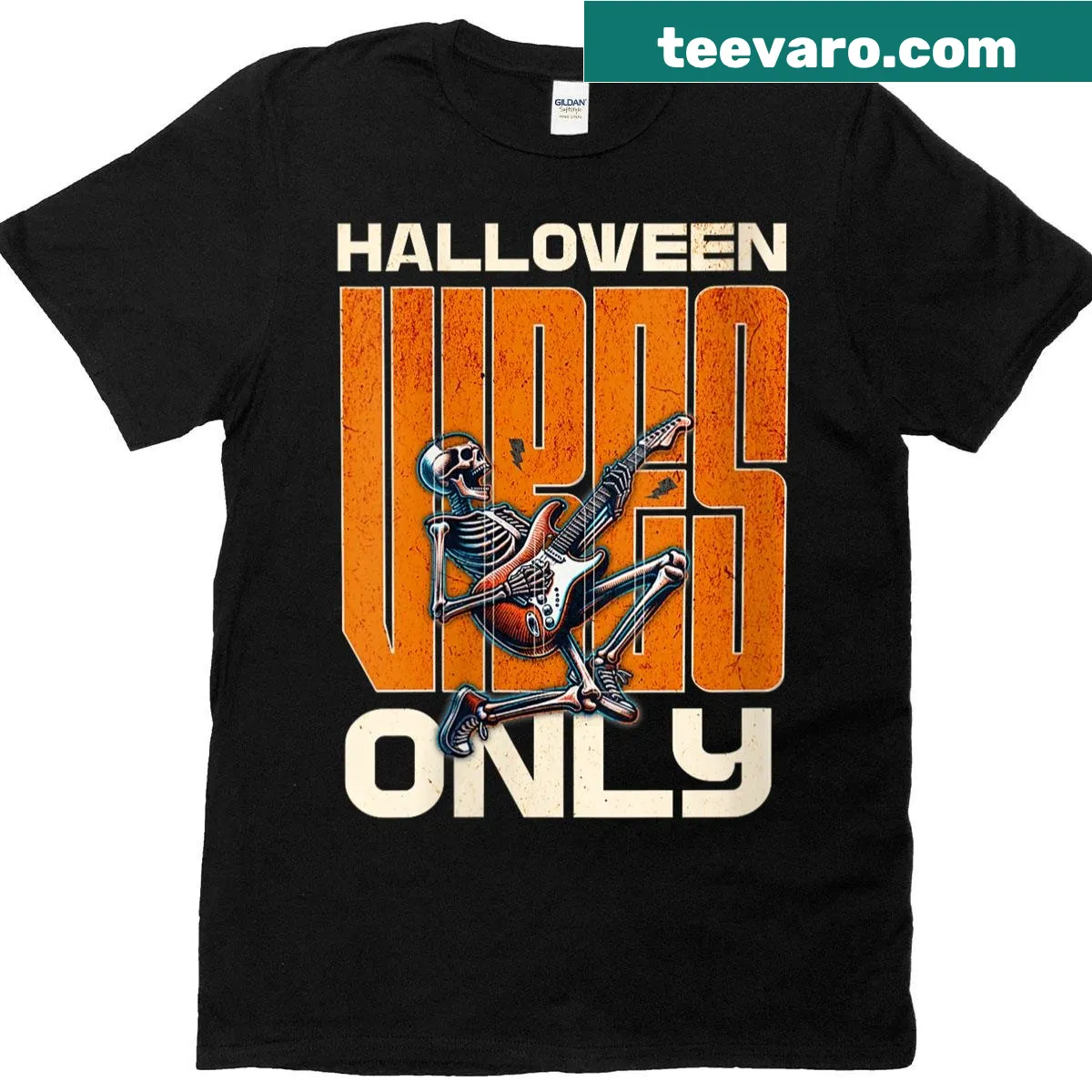 Spooky skeleton playing electric guitar for Halloween. — on a men's t-shirt