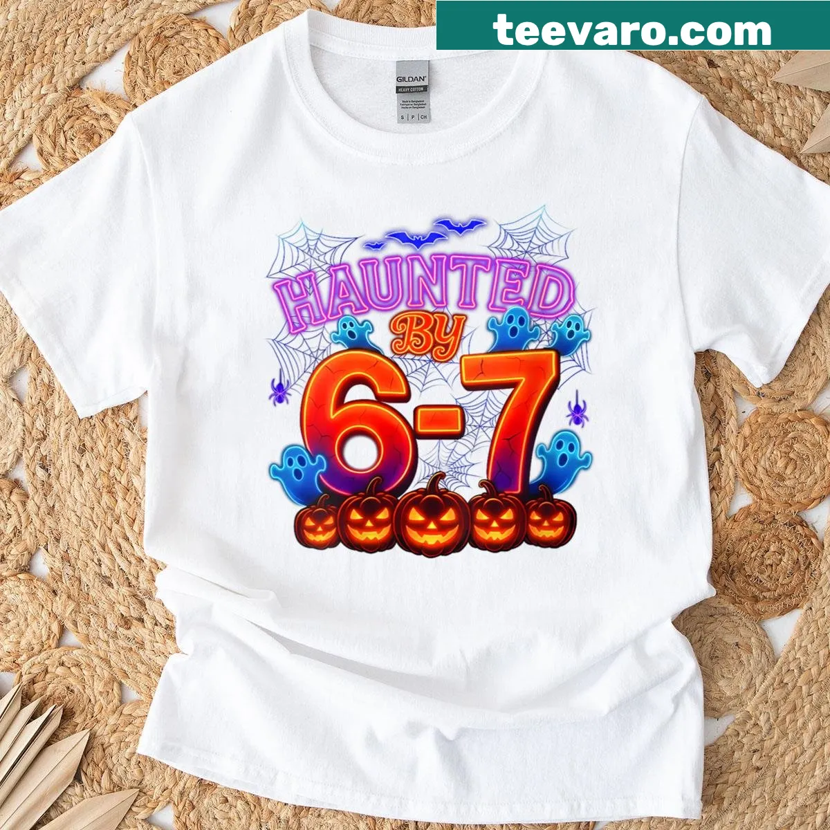 Humorous ghost design referencing 'Haunted by 67' meme for Halloween — on a men's t-shirt