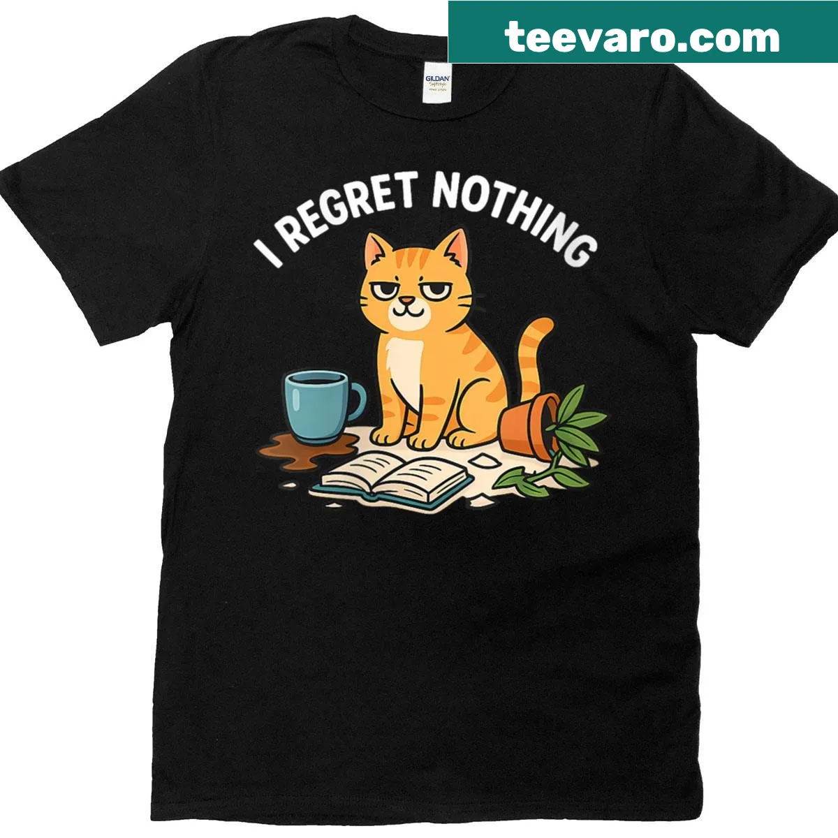 Text reads 'I Regret Nothing' with a funny cat graphic — on a men's t-shirt