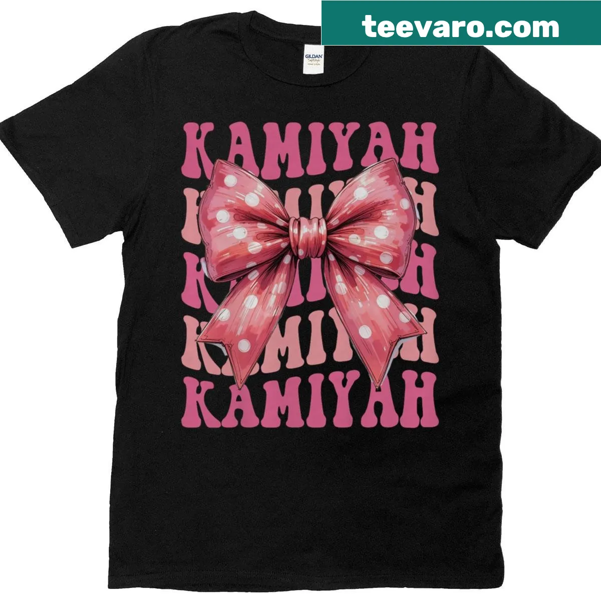 Stylish bow and 'Kamiyah' text on women's T-shirt — on a men's t-shirt