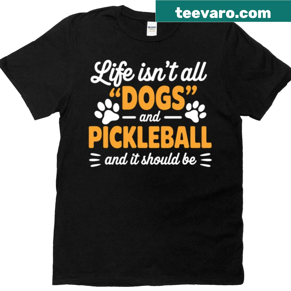 Humorous t-shirt about life, dogs, and pickleball — on a men's t-shirt