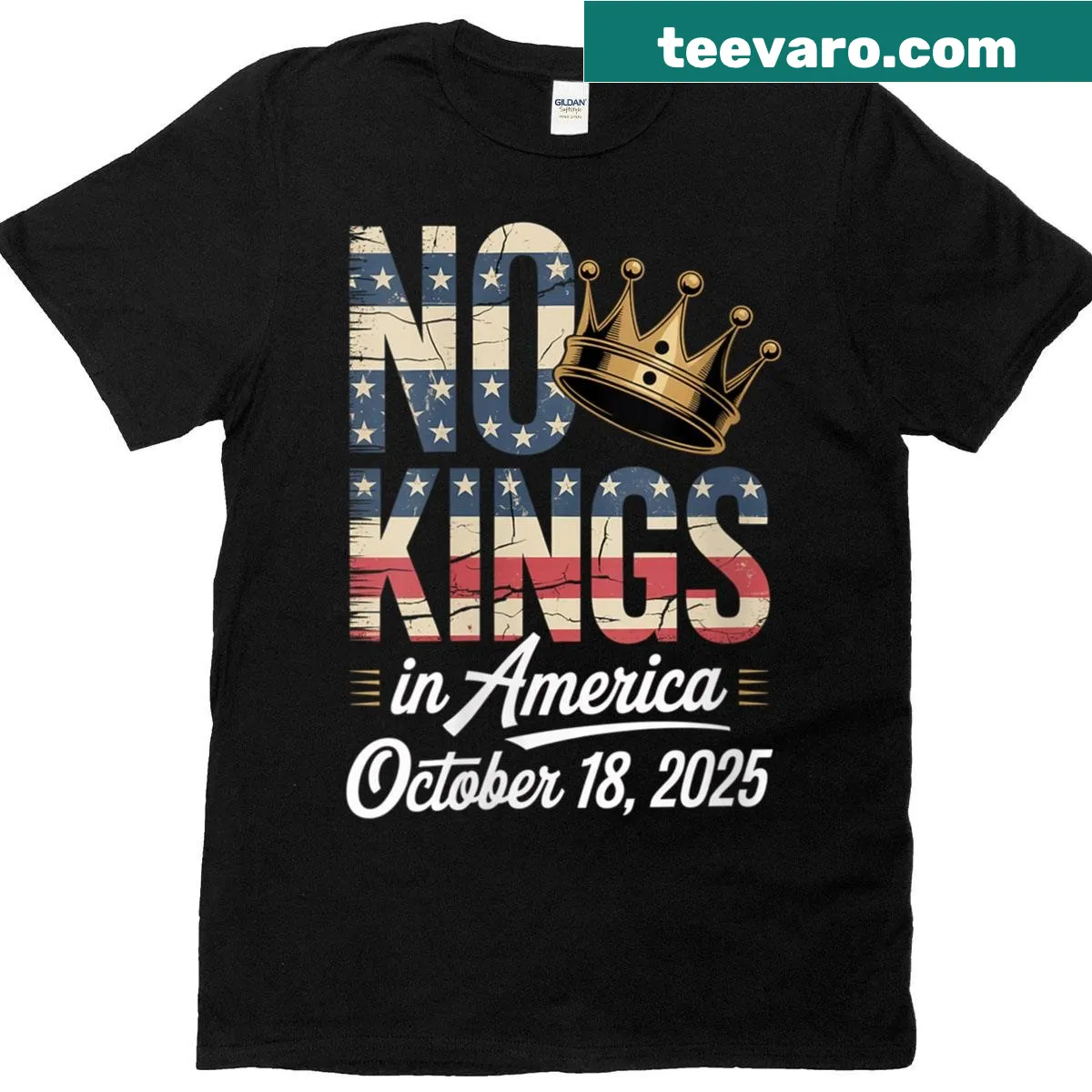 Patriotic T-shirt with 'No Kings' protest message and American flag — on a men's t-shirt