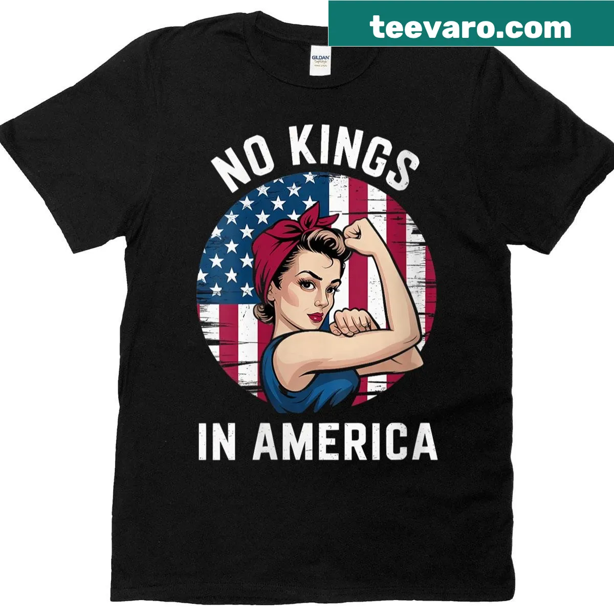 Vintage distressed No Kings In America t-shirt with bold text design — on a men's t-shirt