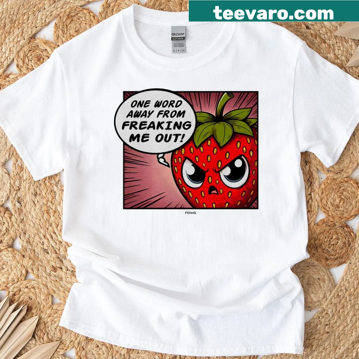 Funny t-shirt featuring an angry strawberry graphic — on a men's t-shirt
