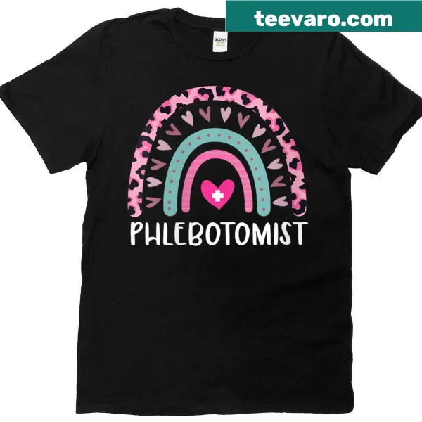 Phlebotomist T-shirt with a leopard and rainbow heart design