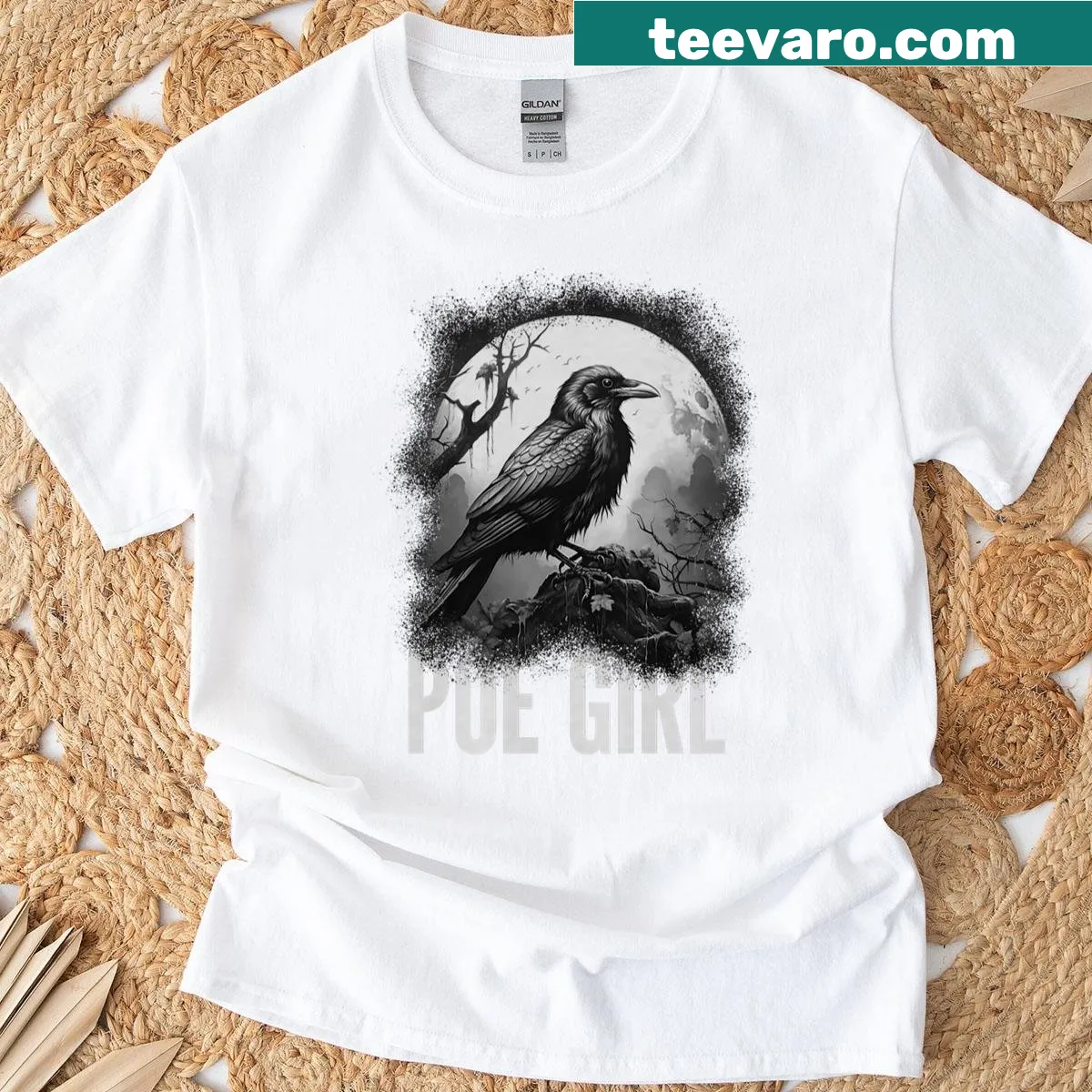 Gothic themed women's tee featuring whimsical Poe-inspired graphics — on a men's t-shirt