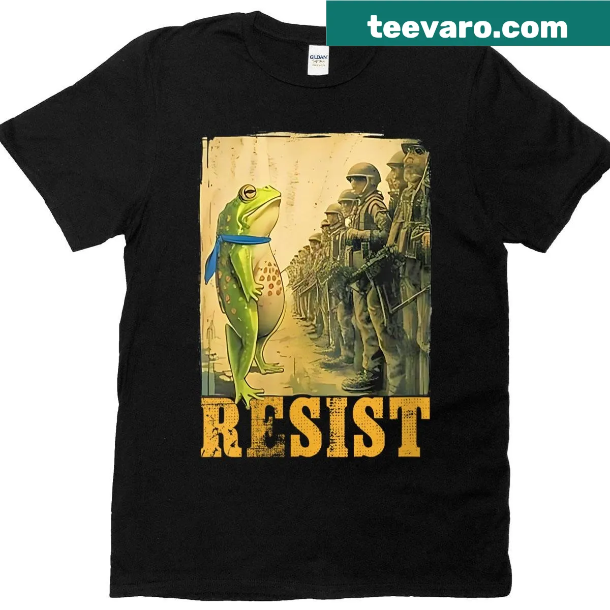 Funny protest shirt featuring a frog and activist message. — on a men's t-shirt