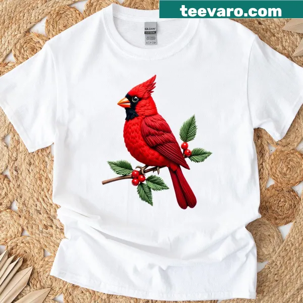 T-shirt featuring a red cardinal illustration, ideal for bird lovers