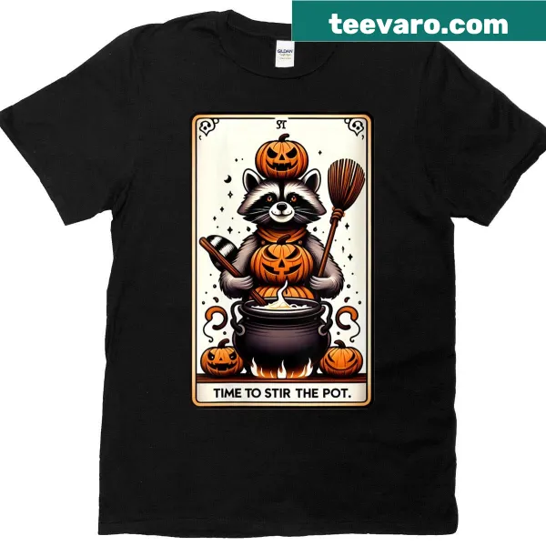 Illustration of a raccoon stirring a pot on a t-shirt