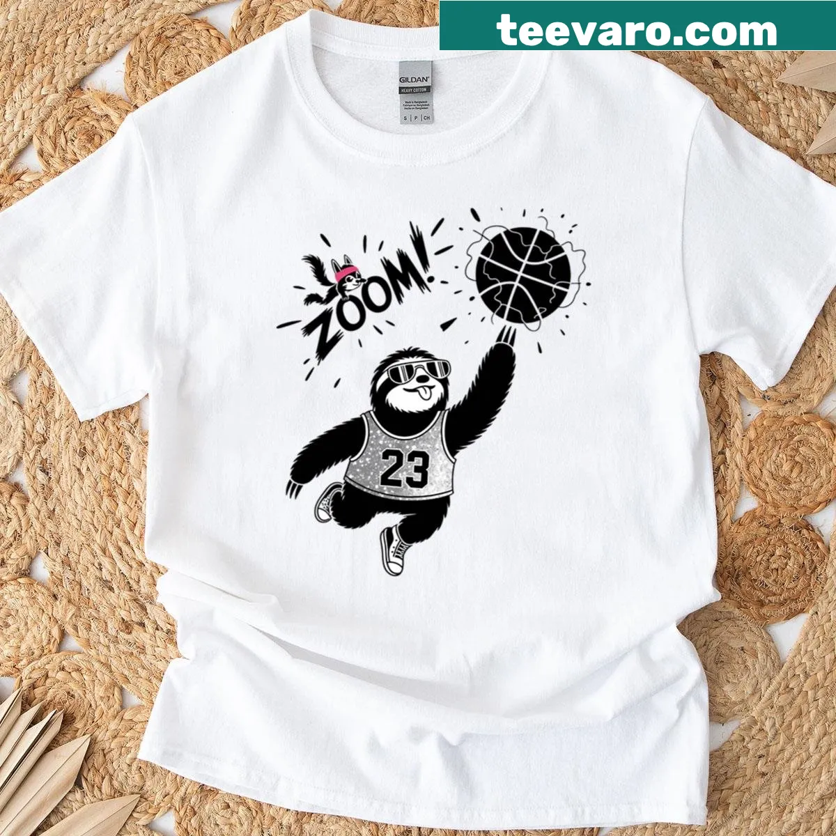 Cartoon sloth playing basketball on a t-shirt — on a men's t-shirt