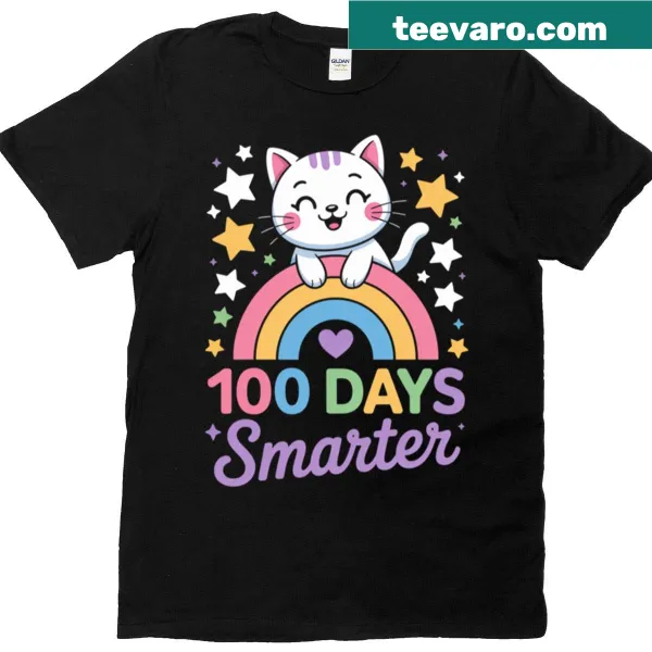 Colorful t-shirt featuring a rainbow cat and the phrase 100 Days Smarter